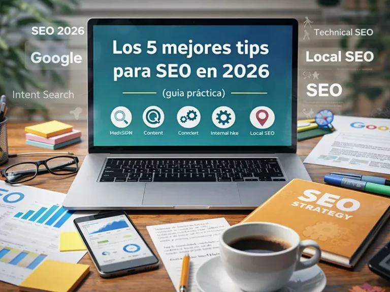 Mesa de trabajo con portátil mostrando “Los 5 mejores tips para SEO en 2026”, gráficos de analítica, post-its y café.