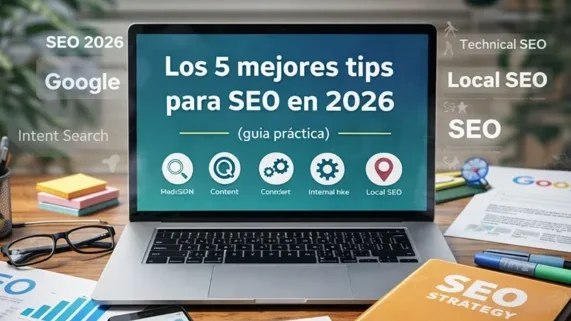 Los 5 mejores tips para SEO en 2026 1 Mesa de trabajo con portátil mostrando “Los 5 mejores tips para SEO en 2026”, gráficos de analítica, post-its y café.